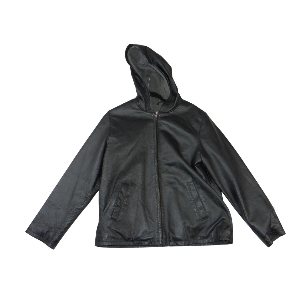 Metrostyle Womens Black Leather Hooded Jacket Zip Front Lined 29-9623-9 Size M
